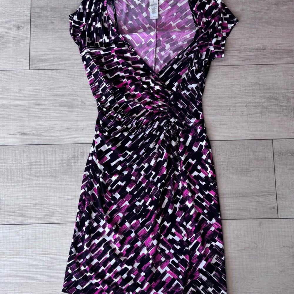 Laundry By Design Geometric 3/4 Sleeve Faux Wrap Dress Burgundy White Pink | 6